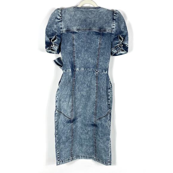 Retrofete Zelda Wrap‎ Dress Sienna Blue Denim V-Neck Puff Sleeve Sz S - Picture 11 of 11